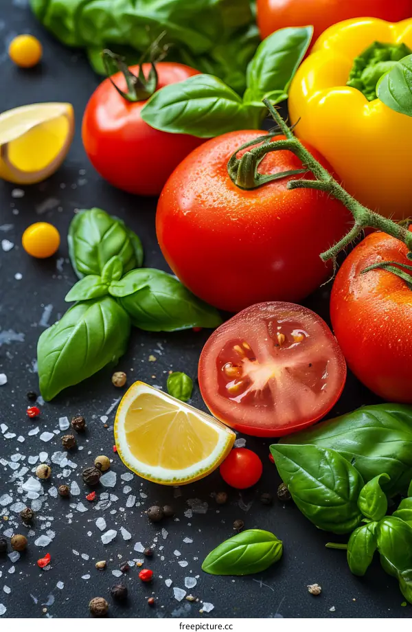 Fresh vegetables and spices on a black background