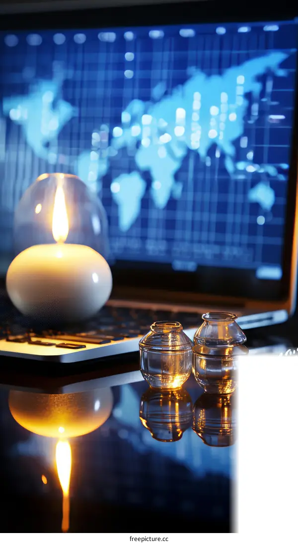 Candle and laptop on desk with world map in background