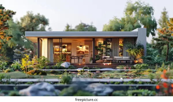 Modern House with Landscaped Yard and Koi Pond