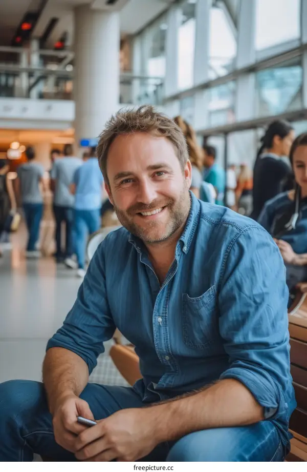 Smiling man in a blue shirt sitting in an airport