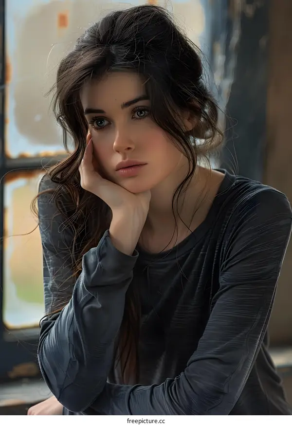 portrait of a beautiful young woman with long brown hair wearing a gray shirt