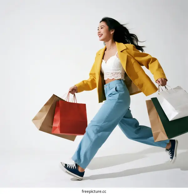 Happy woman with shopping bags running joyfully
