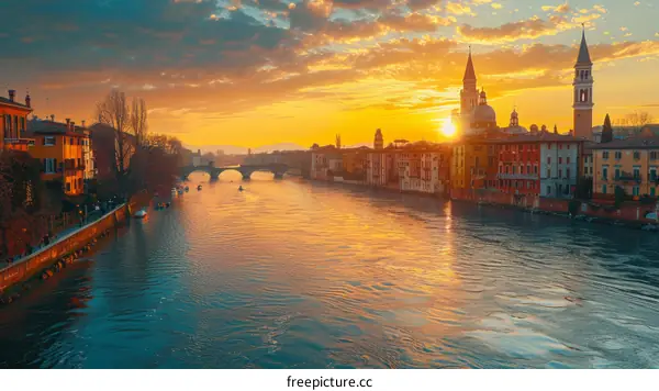 Verona cityscape at sunset over the Adige river in Italy