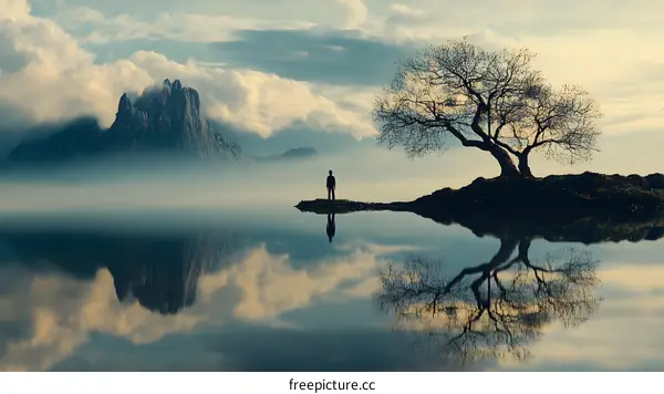 Man Standing by a Lake with a Mountain in the Background