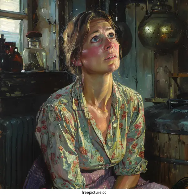 A woman looking up in a dimly lit room