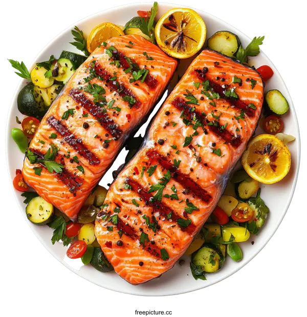 [Transparent Background PNG]Grilled Salmon with Roasted Vegetables
