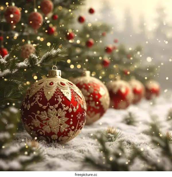 Red and gold Christmas ornaments on a snowy background