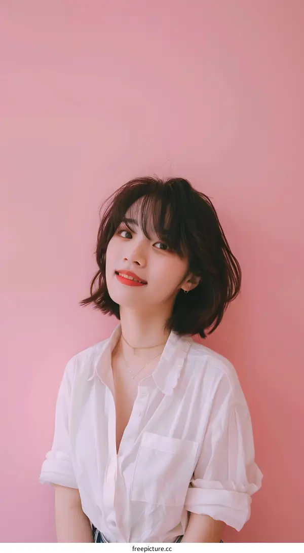 Portrait of Young Woman With Short Hair in Front of Pink Wall