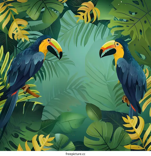 Tropical Rainforest Illustration With Two Toucans