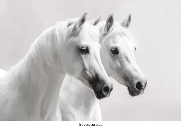 Two Majestic White Horses in a  Close-up Portrait