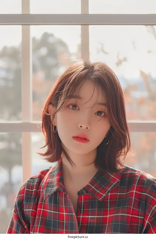 Young Asian Woman With Short Hair Wearing Red Plaid Shirt