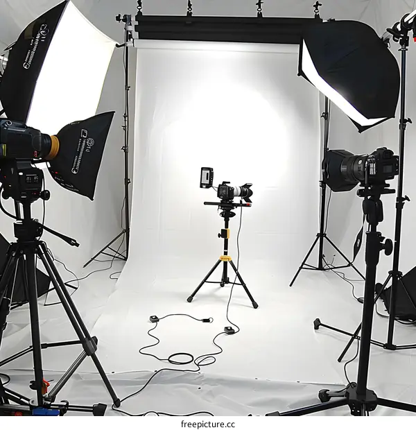 Photo Studio Setup With Two Cameras, Lighting Equipment and a White Background