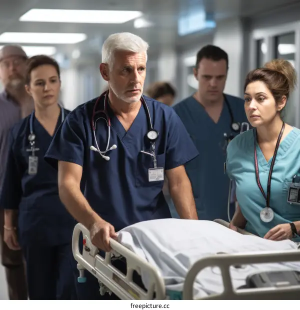 A group of doctors and nurses push a patient on a gurney through a hospital hallway