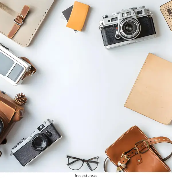 Flat Lay of Vintage Cameras and Leather Accessories