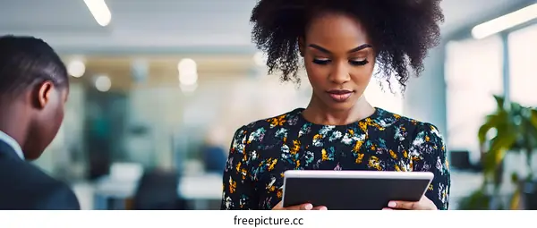 African American Woman Working on a Tablet in an Office
