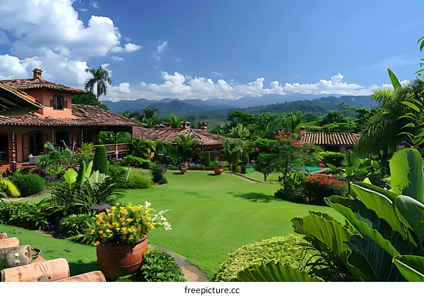 Tropical Garden With Lush Greenery And Mountain View