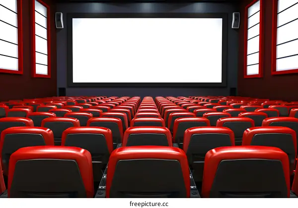 Empty Movie Theater with Red Seats and Blank Screen