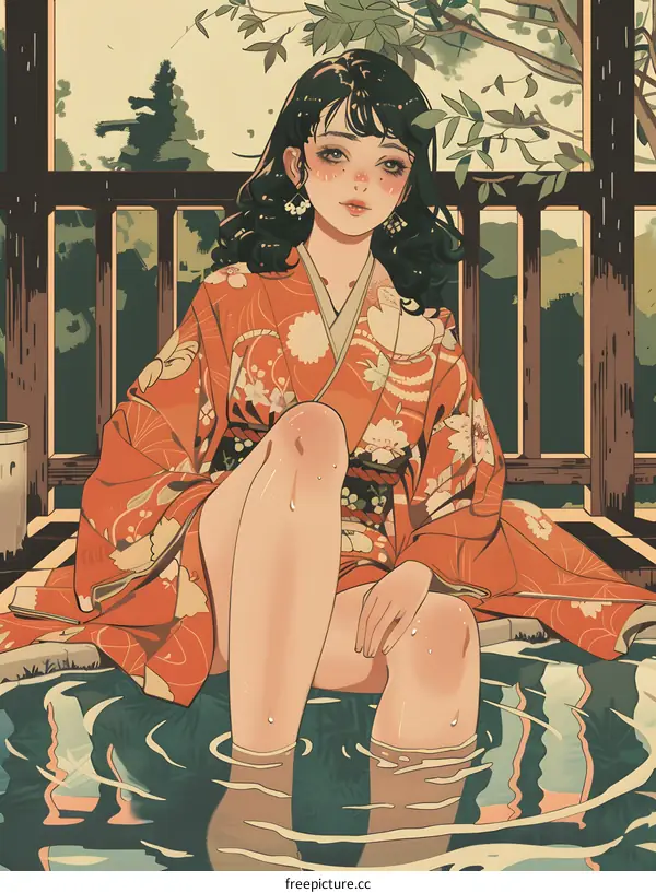 Beautiful Japanese Woman in Red Kimono Relaxing in a Hot Spring