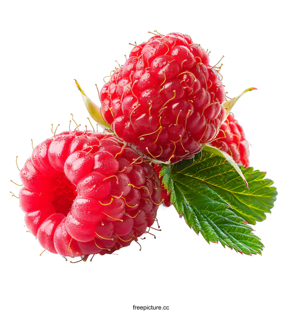 [Transparent Background PNG]three red raspberries with green leaves isolated on white