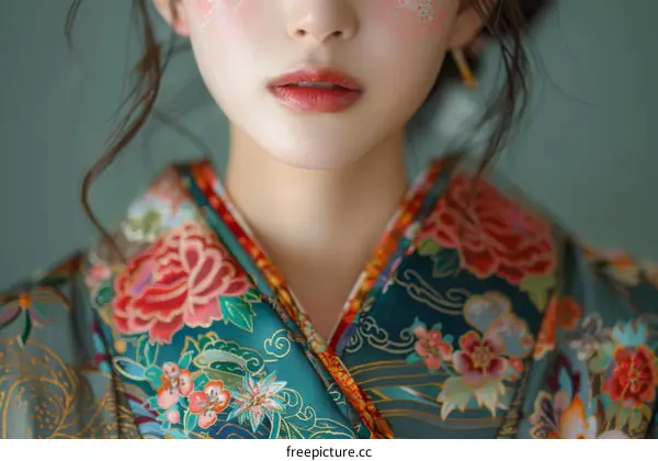 Close up of Woman Wearing Floral Kimono