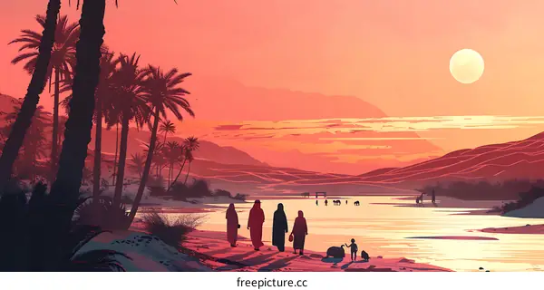 Silhouettes of People Walking Towards the Sunset in Desert Landscape