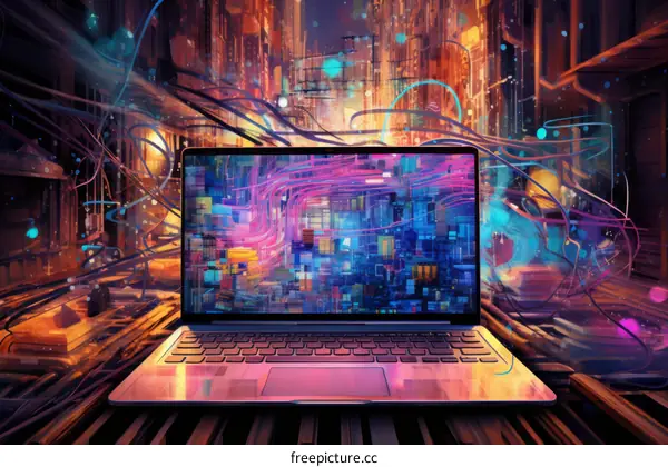 Laptop in a vibrant city illustration