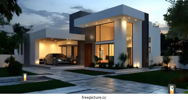 Modern Minimalist House Exterior Design With Garage and Garden