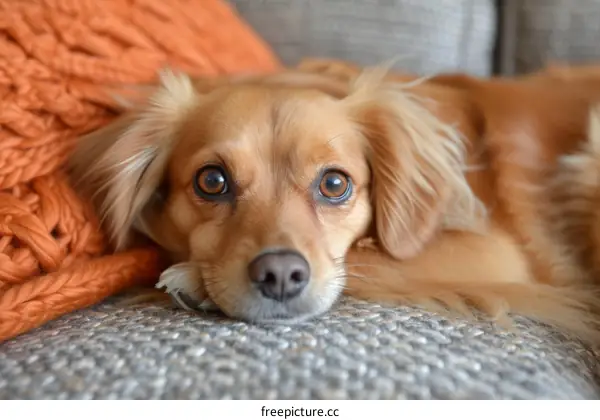 A cute dog is lying on the sofa with a blanket