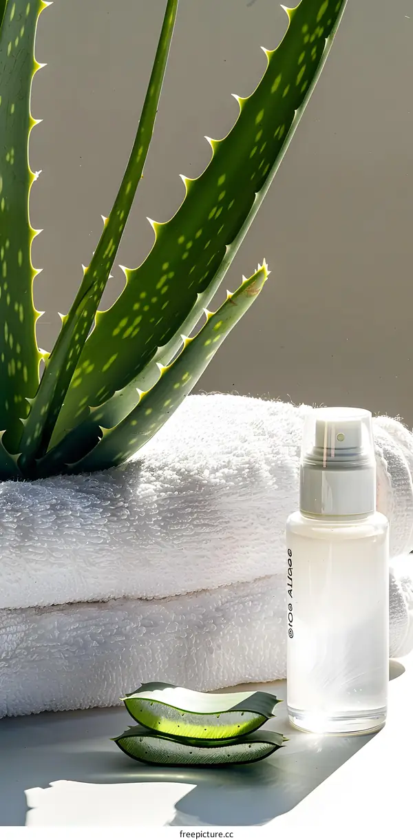 Aloe Vera Plant With Gel On White Towel And Bottle
