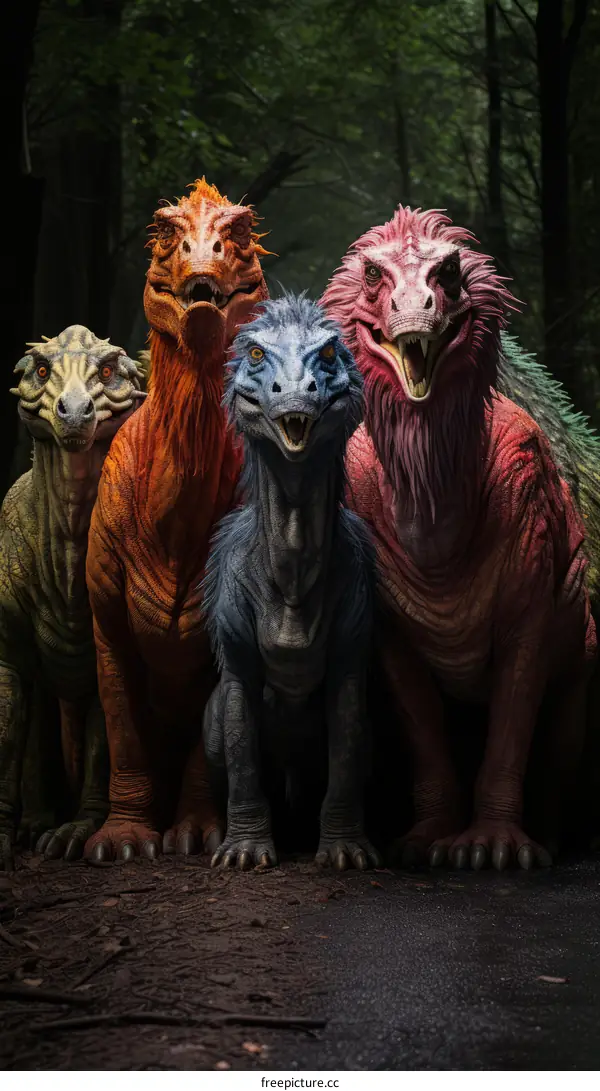 Four dinosaurs of different colors standing in a forest