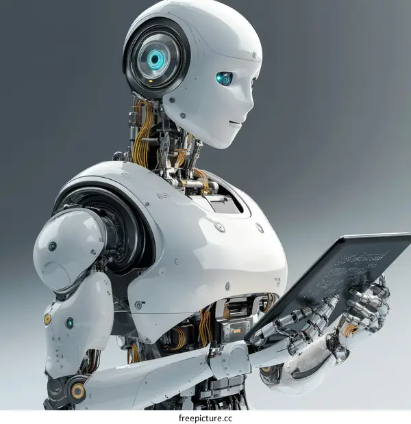Futuristic Robot Working with Tablet