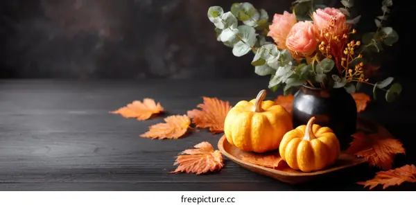 Autumnal Arrangement of Pumpkins and Flowers on Wooden Tray