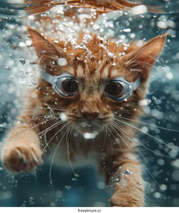 Orange Cat Wearing Goggles Underwater