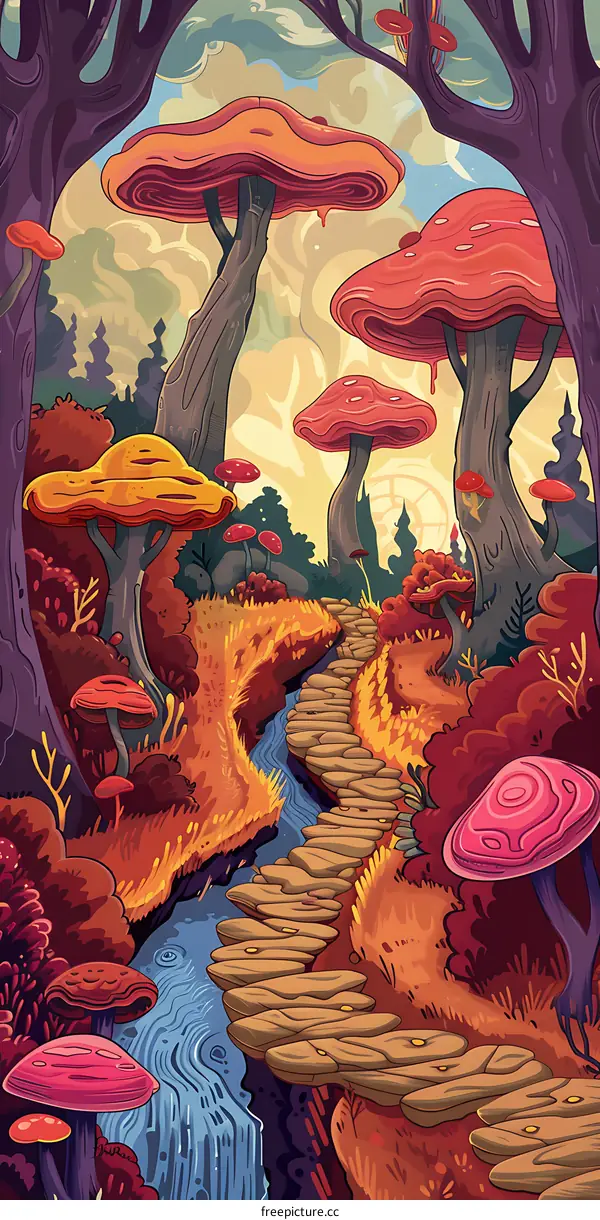 Fantasy Forest Illustration with Large Mushrooms and a Winding Path