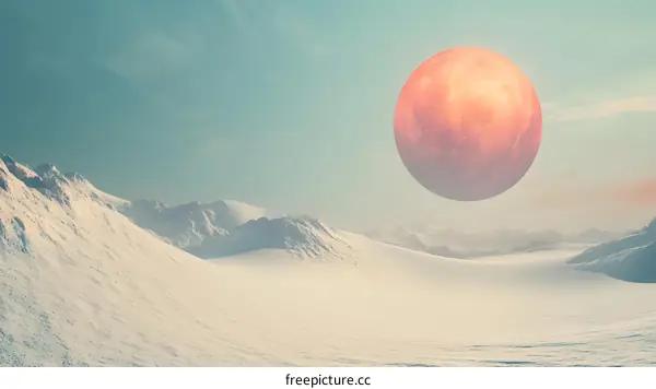 Red Giant Planet Over Snowy Mountains