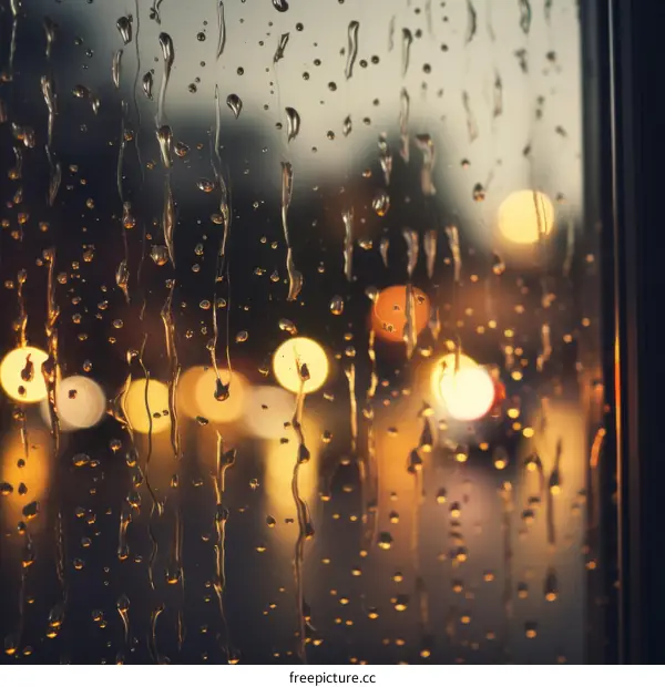 Raindrops on a windowpane with blurred city lights in the background