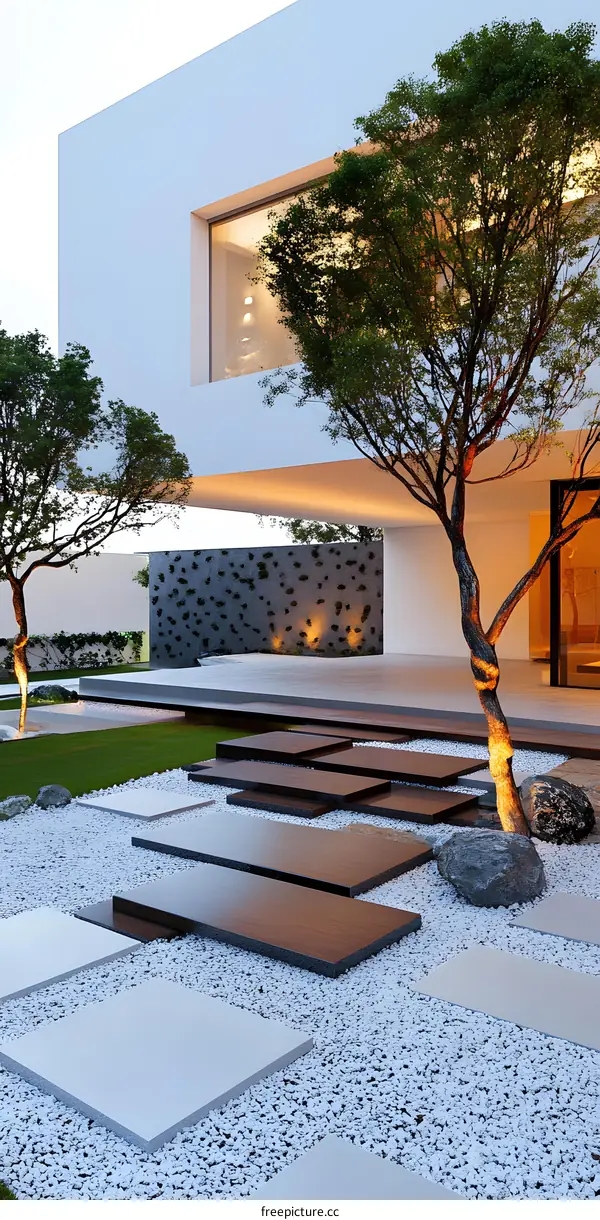 Modern Minimalist House with Stone and Gravel Garden
