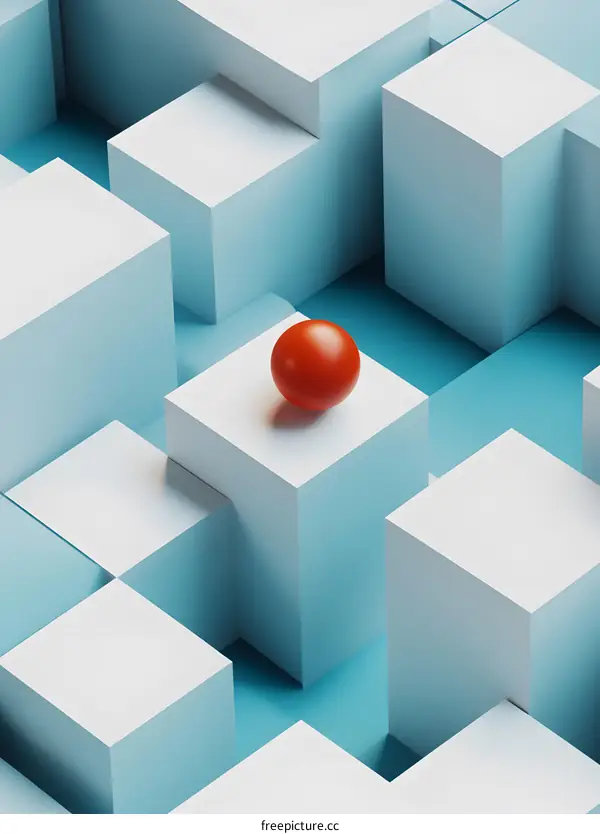 Abstract Red Sphere on White Cubes and Blue Background