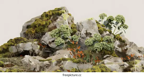 Green Mossy Rocks and Hydrangeas Background