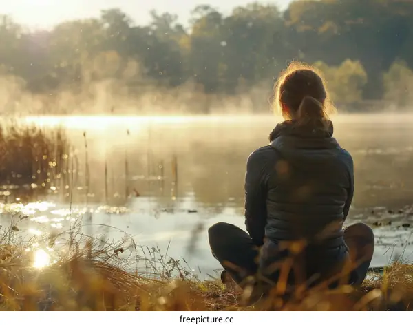 Woman in black jacket sits on lake shore and looks at water in morning sunlight