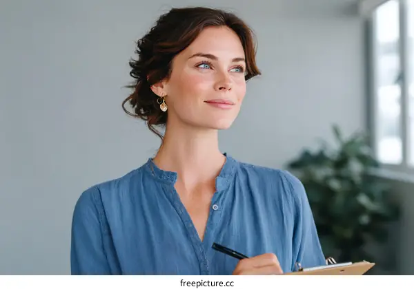 Thoughtful Woman Taking Notes in a Modern Office