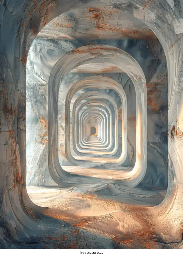 Futuristic Concrete Tunnel With Arches In A High Key Light