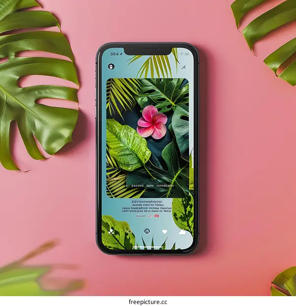 Tropical Leaves and Pink Flower on Phone Screen