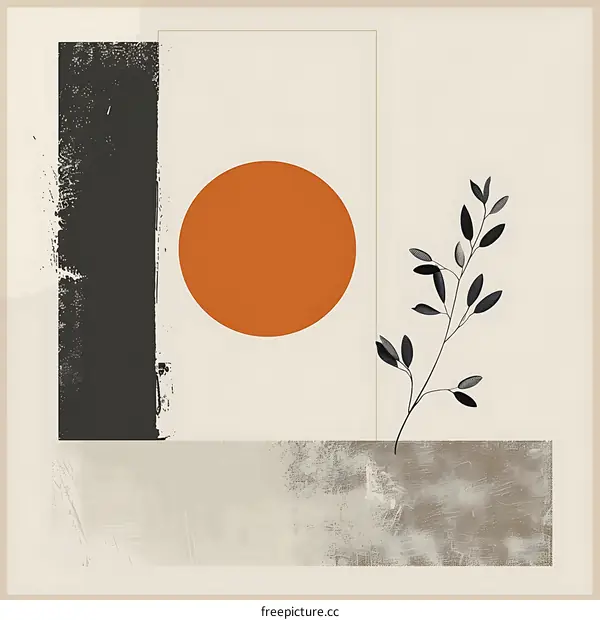 Abstract Minimalist Art with Orange Circle and Branch