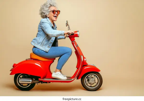 Stylish Senior Woman Riding a Retro Scooter
