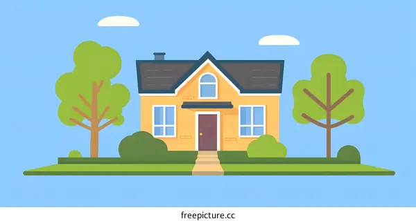 Yellow House with Green Trees and Blue Sky Illustration
