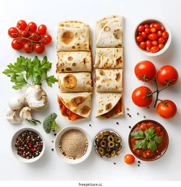 Tortilla Wraps with Vegetables and Spices on White Background