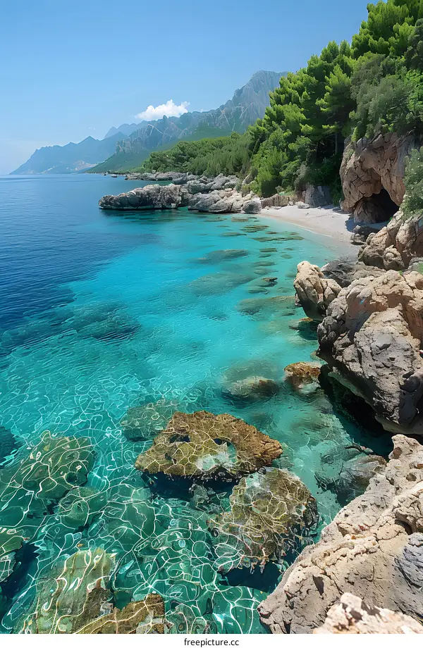 Rocky beach with crystal clear water and green trees