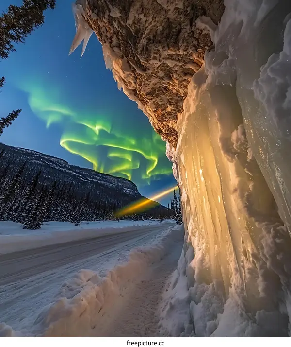 Aurora Borealis Above Mountain Road with Icicles