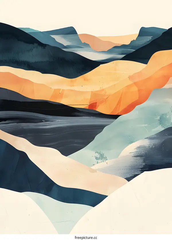 Abstract Mountain Landscape with a Person Walking on a Ridge